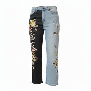 Statement Designer Embroidered Floral Jeans  Black & Light Blue